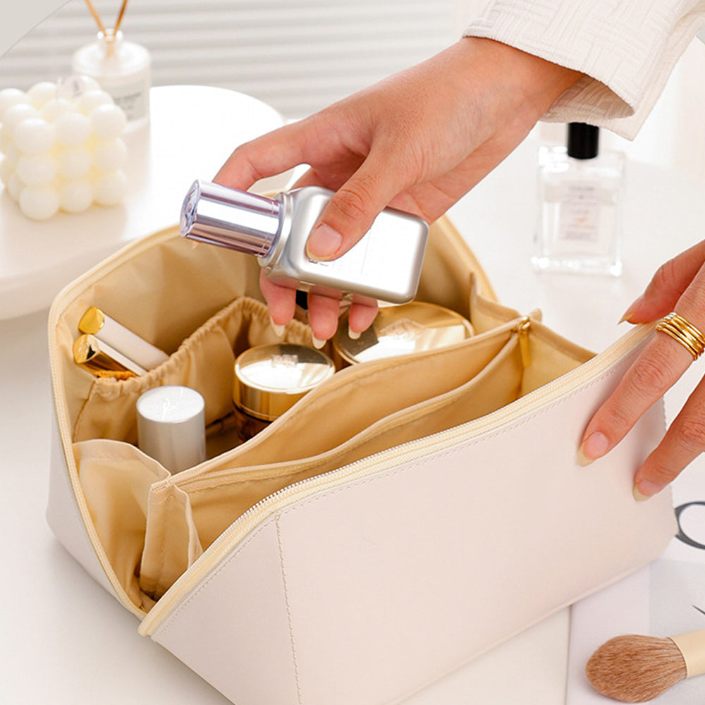 Large Capacity Travel Cosmetic Bag Makeup Organizer with Brushes Slots Divider -Beige