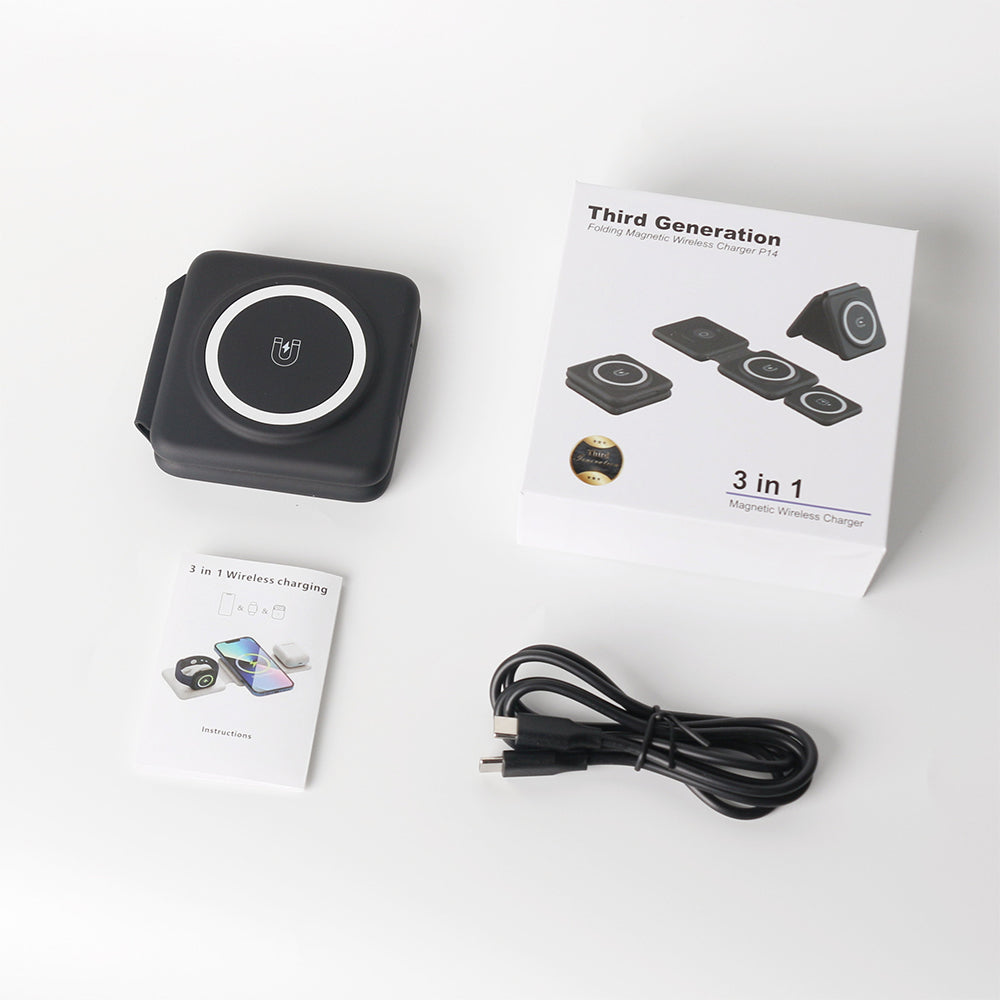 Foldable Wireless Charger 3 in 1 Magnetic Wireless Charging Station for Travel -Black