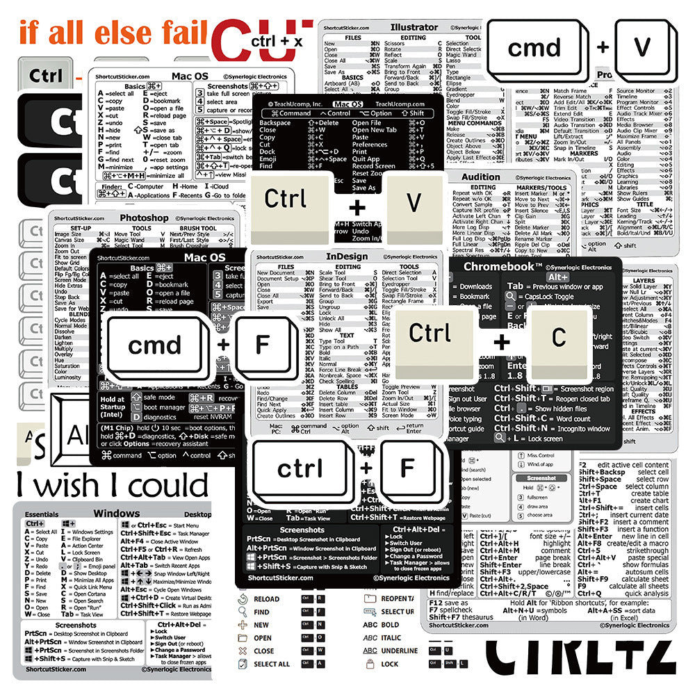 2 Set 30Pcs Laptop Keyboard Shortcuts Stickers DIY Phone Shortcuts Decals