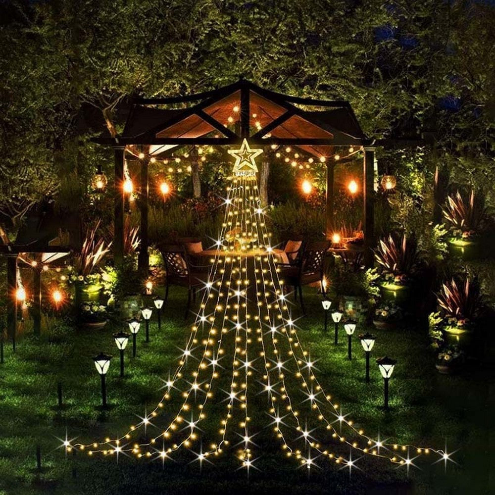 Solar String Lights Solar LED Star Waterfall Lights Christmas Tree Decor String Lights -Warm White