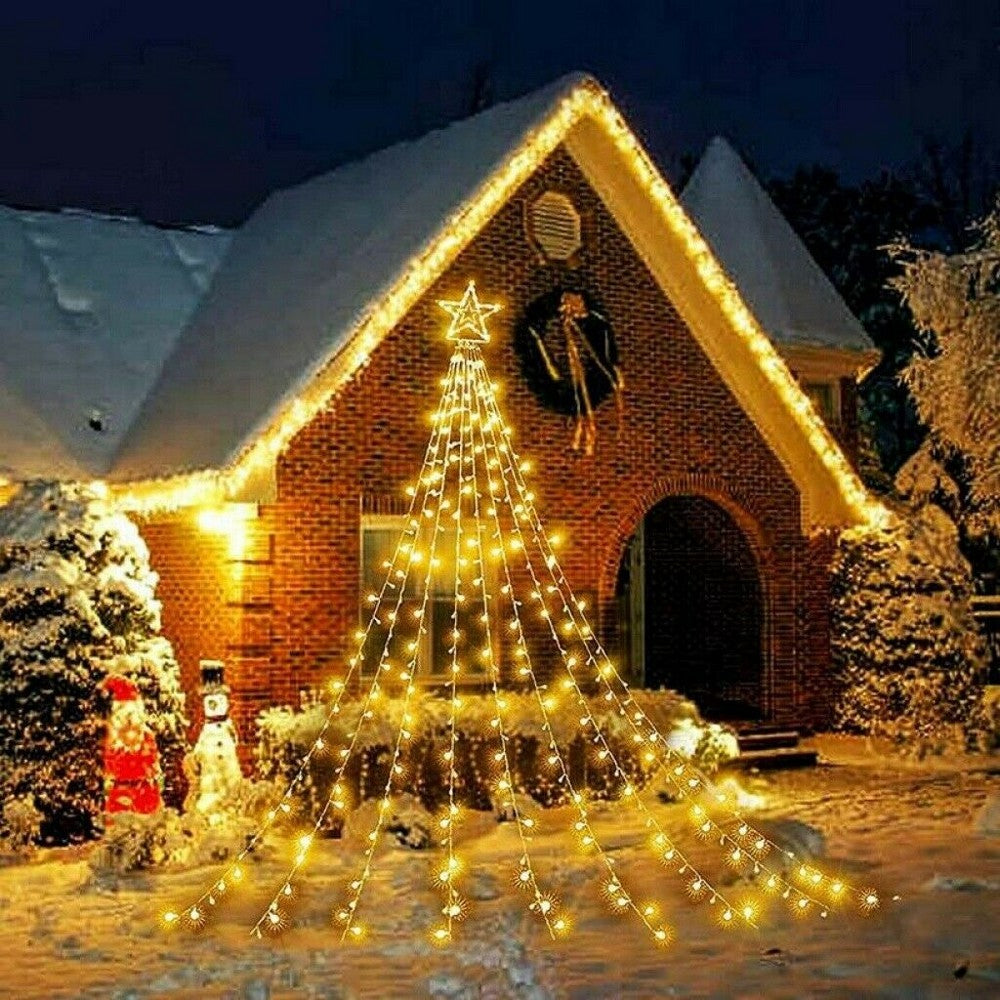 Solar String Lights Solar LED Star Waterfall Lights Christmas Tree Decor String Lights -Warm White