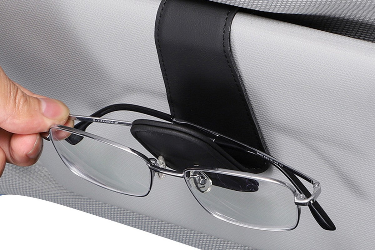 Sunglass Holder for Car Visor Magnetic Leather Sunglass Holder Sunglasses Holder and Ticket Card Clip Accessories-Black