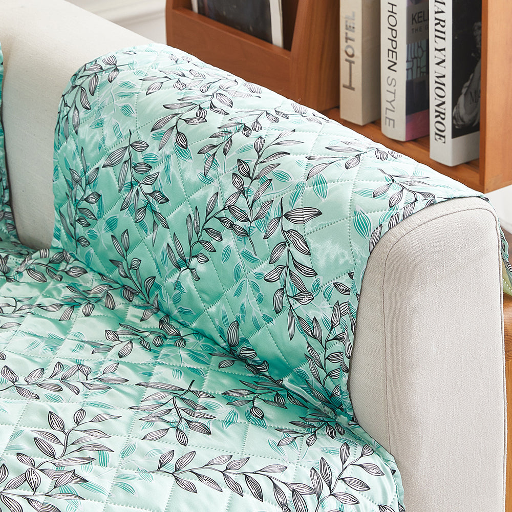 Sofa Cover Leaves Printed T-Shaped Sofa Cover Non Slip Couch Cover Sofa Slipcover Furniture Protector-Light blue