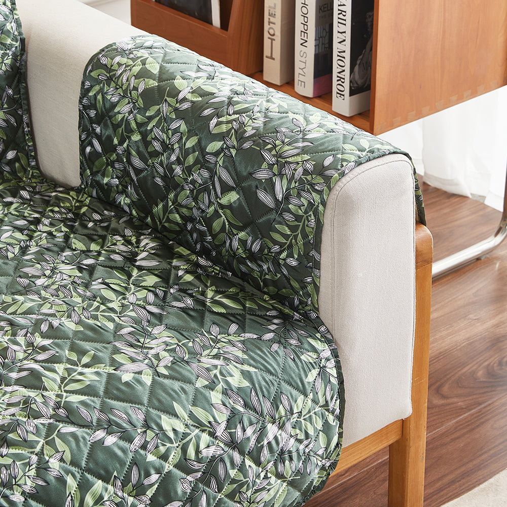 Sofa Cover Leaves Printed T-Shaped Sofa Cover Non Slip Couch Cover Sofa Slipcover Furniture Protector-Dark green