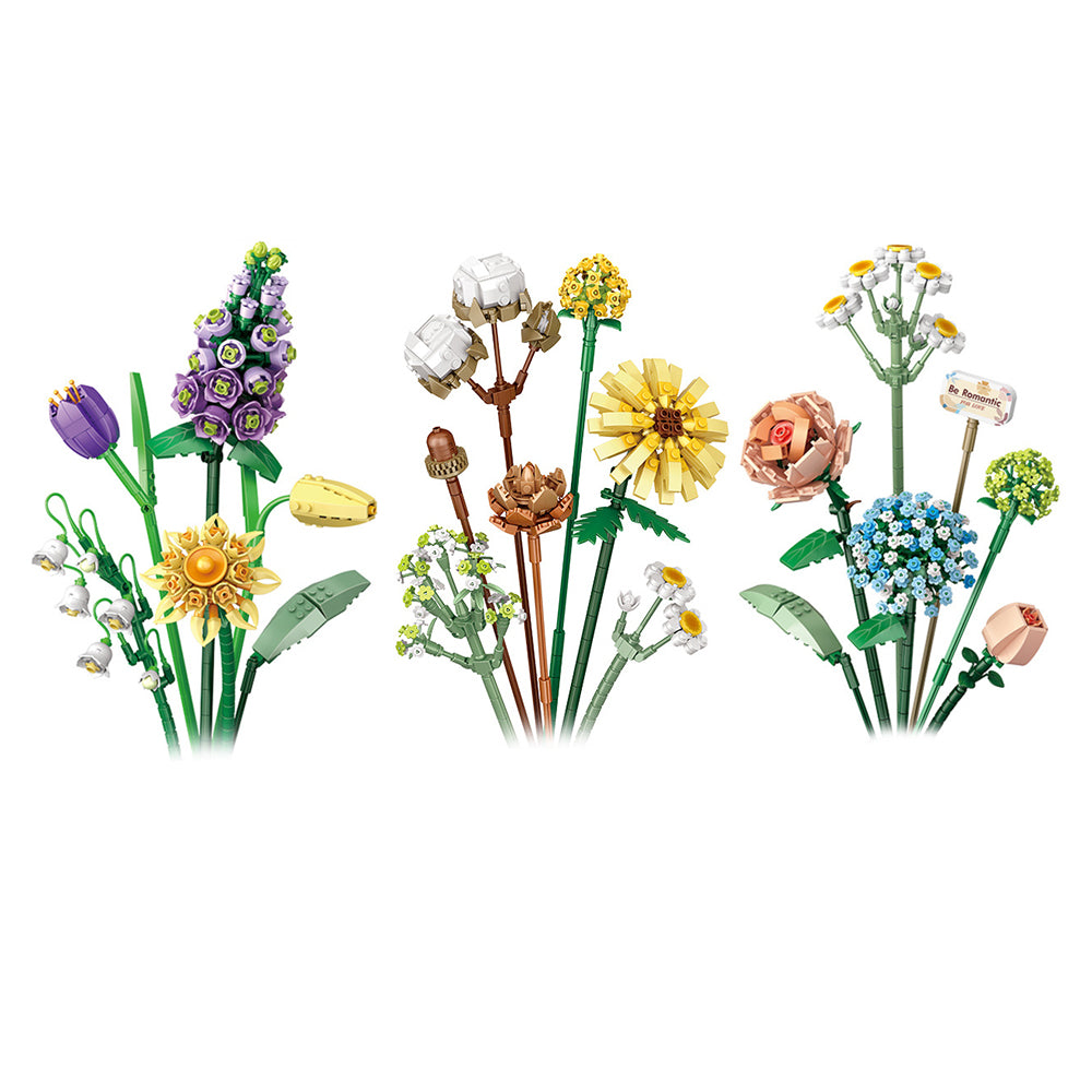 3pcs Flower Bouquet Building Blocks Kit DIY Unique Decoration Artificial Flowers for Home -Sunflower and Blue flower and Purple Campanula