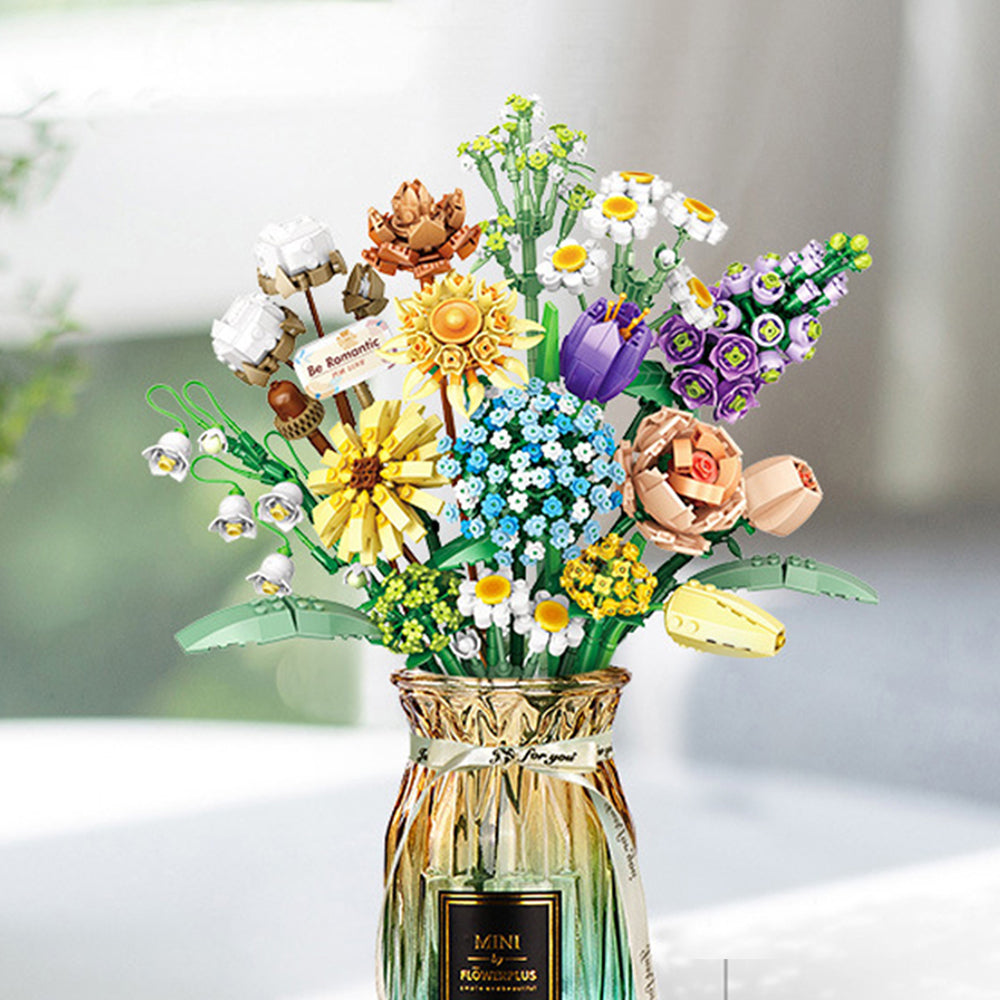 3pcs Flower Bouquet Building Blocks Kit DIY Unique Decoration Artificial Flowers for Home -Sunflower and Blue flower and Purple Campanula