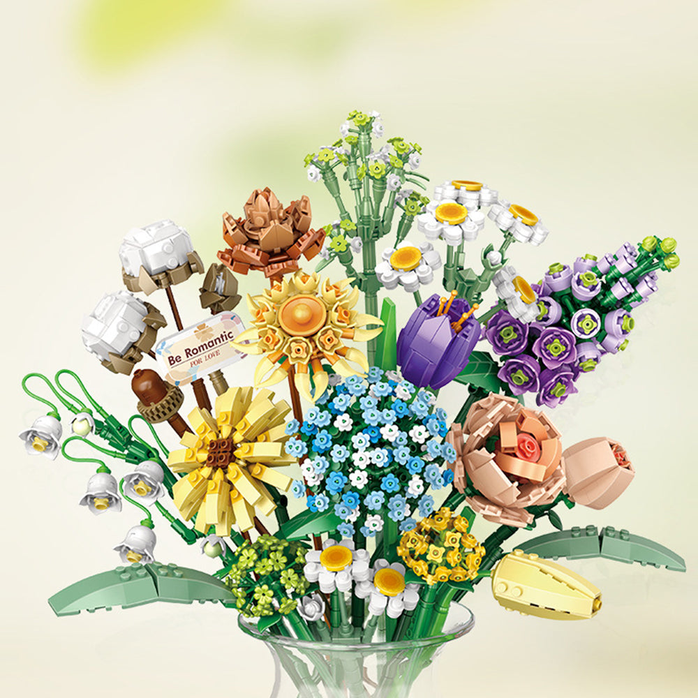 3pcs Flower Bouquet Building Blocks Kit DIY Unique Decoration Artificial Flowers for Home -Sunflower and Blue flower and Purple Campanula