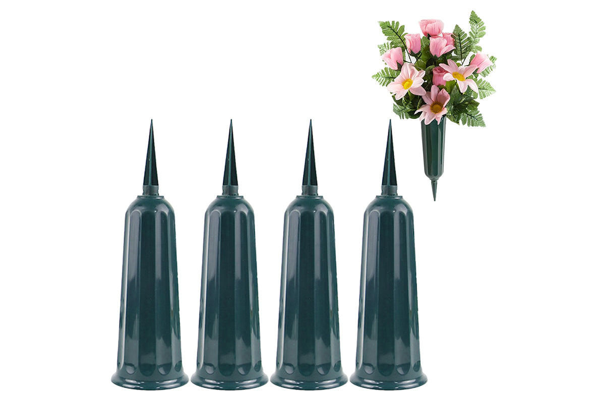 4Pcs Grave Ground Stake Vase Cemetery Memorial Vase with Spikes Resin Cones Flowers Holder-Green