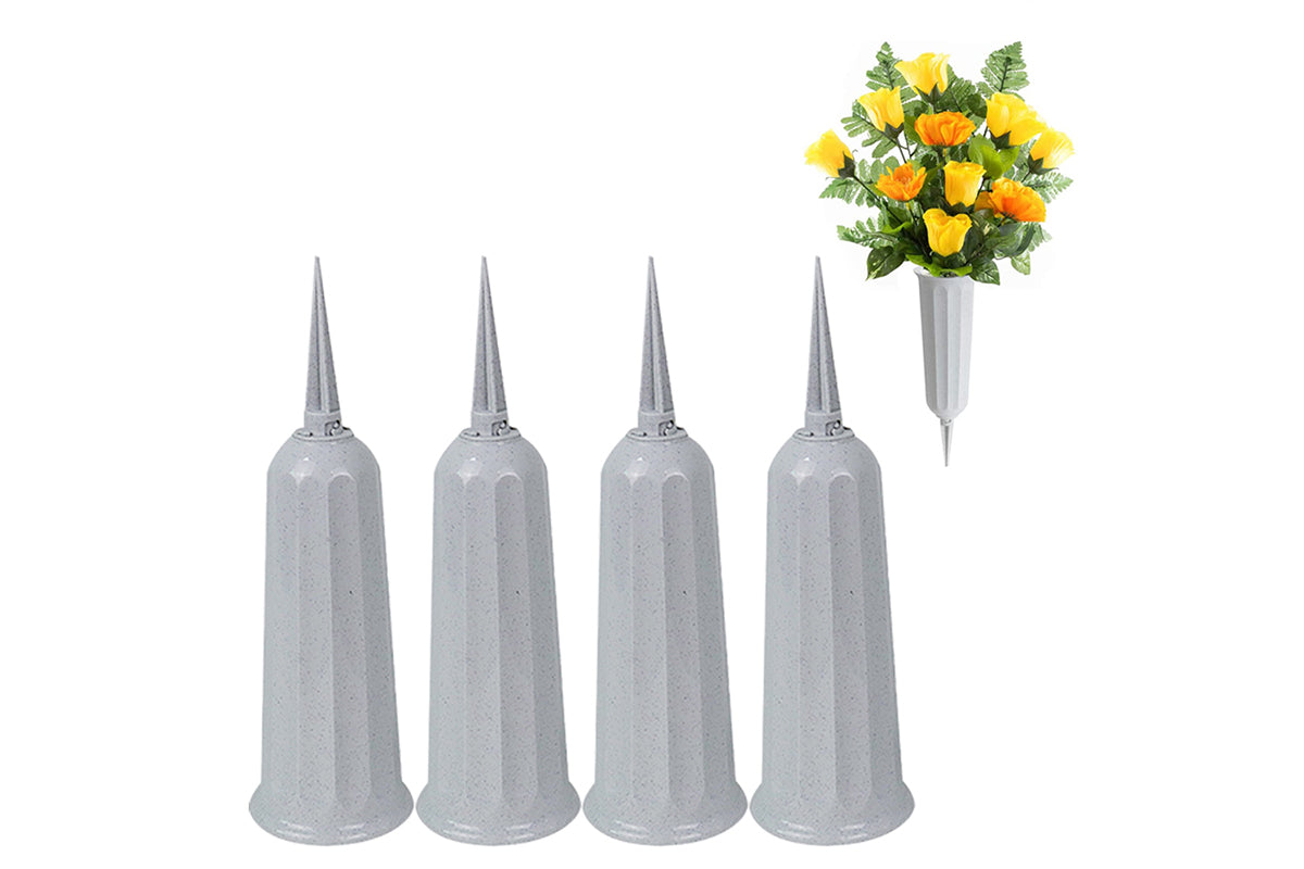 4Pcs Grave Ground Stake Vase Cemetery Memorial Vase with Spikes Resin Cones Flowers Holder-Grey