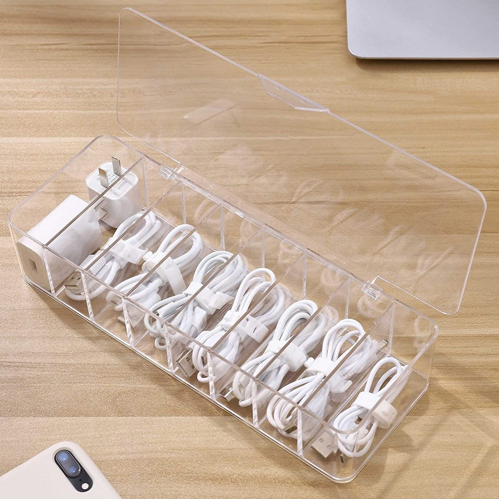 Plastic Clear Cable Management Box Power Cord Organizer with Lid and 8 Wire Ties