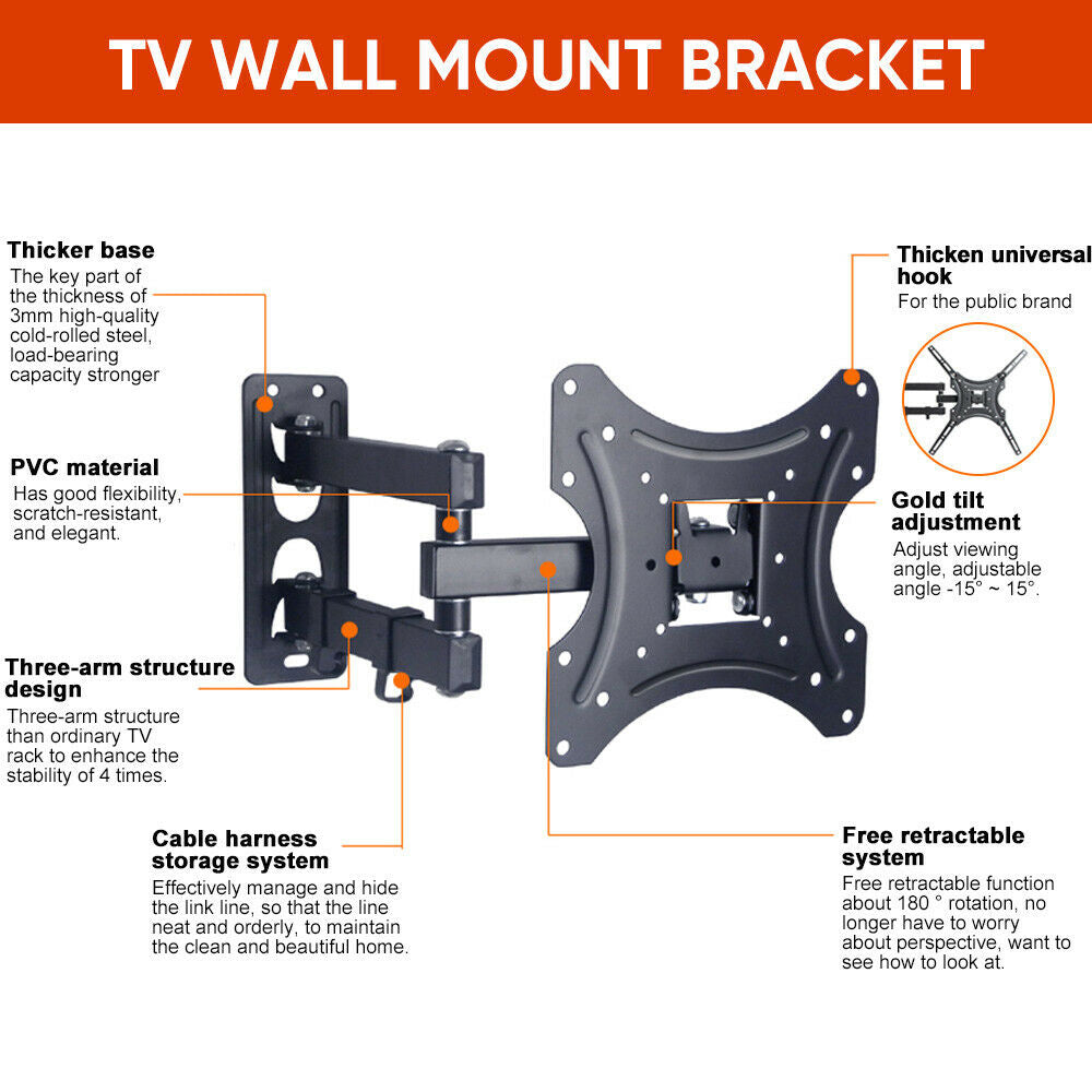 Full Motion TV Wall Mount Bracket Swivel Tilt