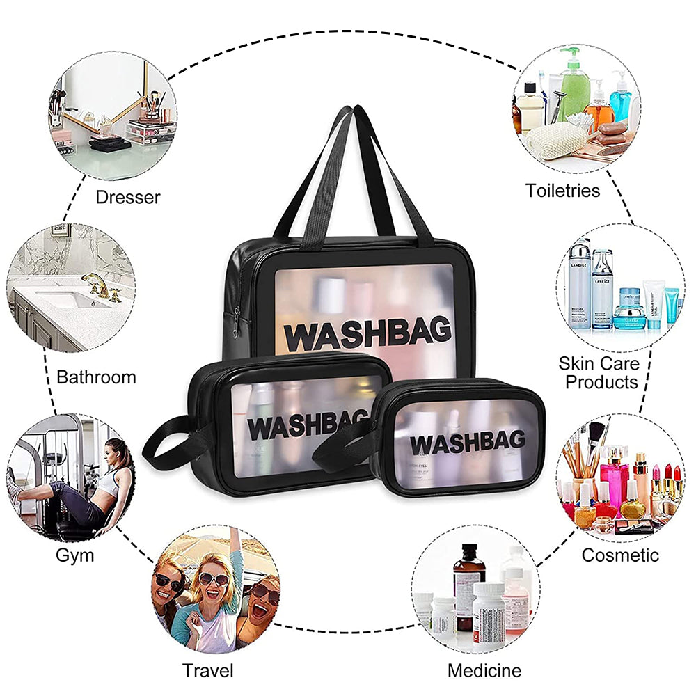 3Pcs PVC Cosmetic Bags for Makeup Travel Toiletry Wash Bags -Black
