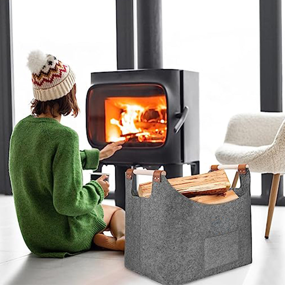 Foldable Felt Bag Organizer Firewood Basket with Handles Light Grey