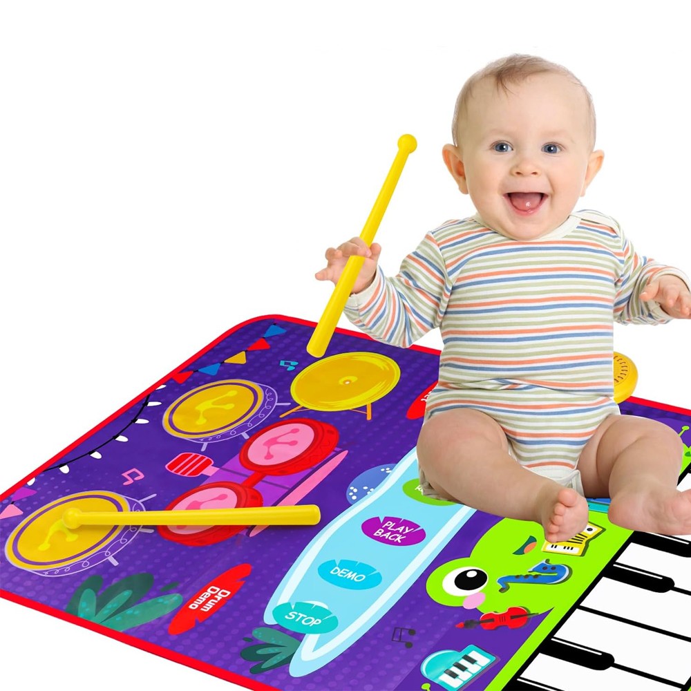 2-in-1 Musical Mats Piano Keyboard and Drum Toddlers Early Education Toy Purple