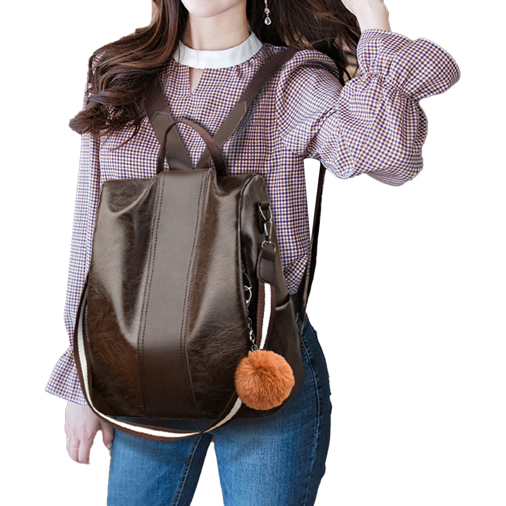 Women PU Leather Anti-theft Backpack School Bags Travel Backpack Brown