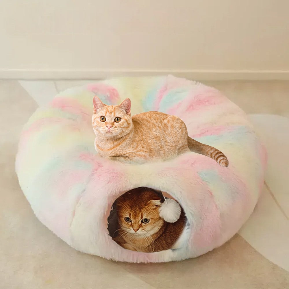 Plush Cat Tunnel with Cat Bed Pet Cat Tunnel Toys Rainbow