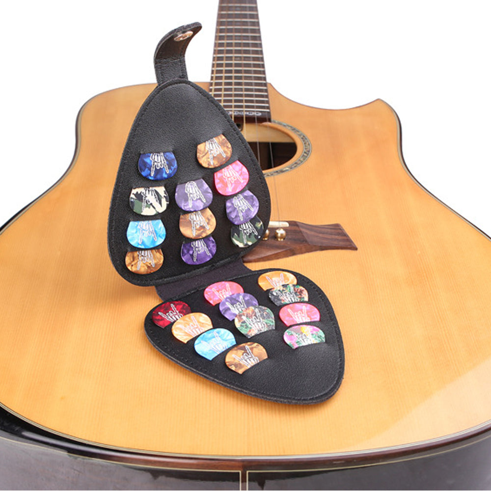 Guitar Picks Holder with 22 Picks Electric Guitar Picks Storage Pouch PU leather Plectrums Bag