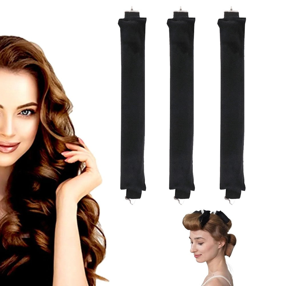 Set of 3Pcs Heatless Hair Curler Overnight Curls Rods with Hook Long BlackHair Styling Tools