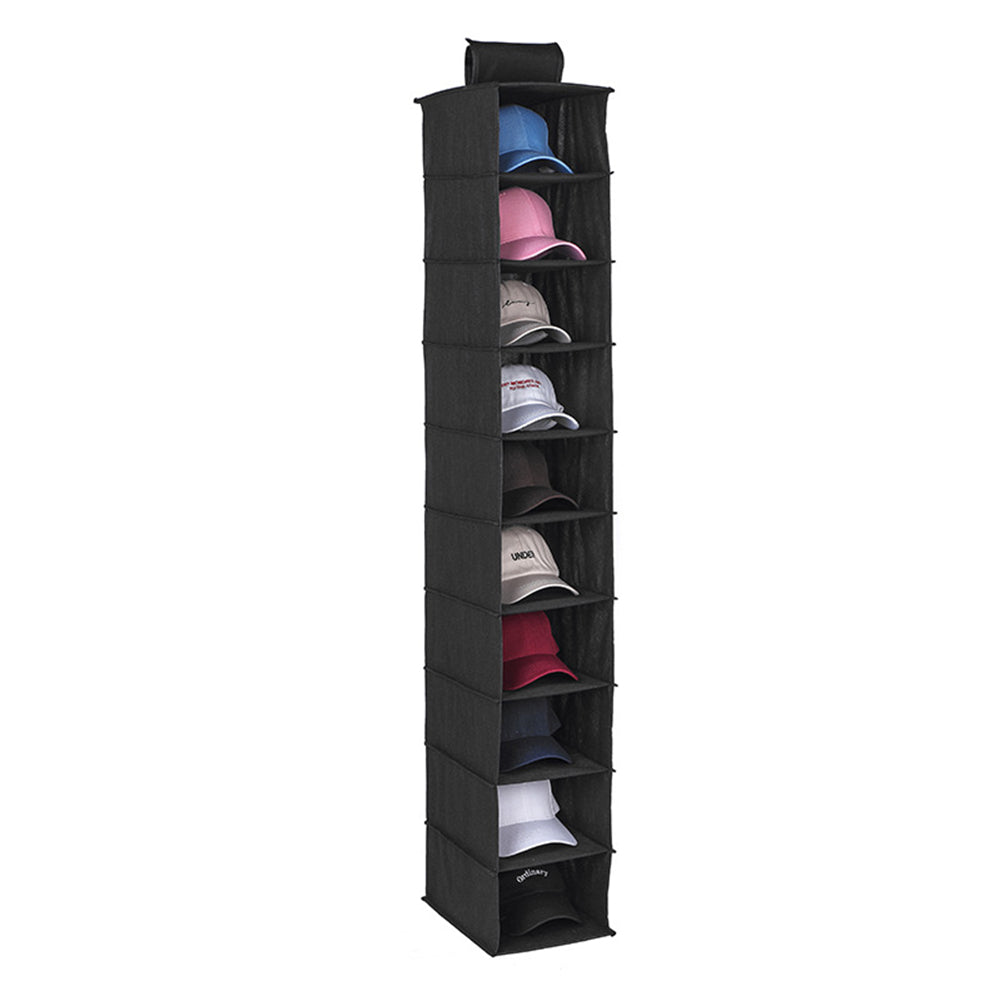 10-Pocket Hanging Hat Rack Closet Cap Organizer for Baseball Shoes Black
