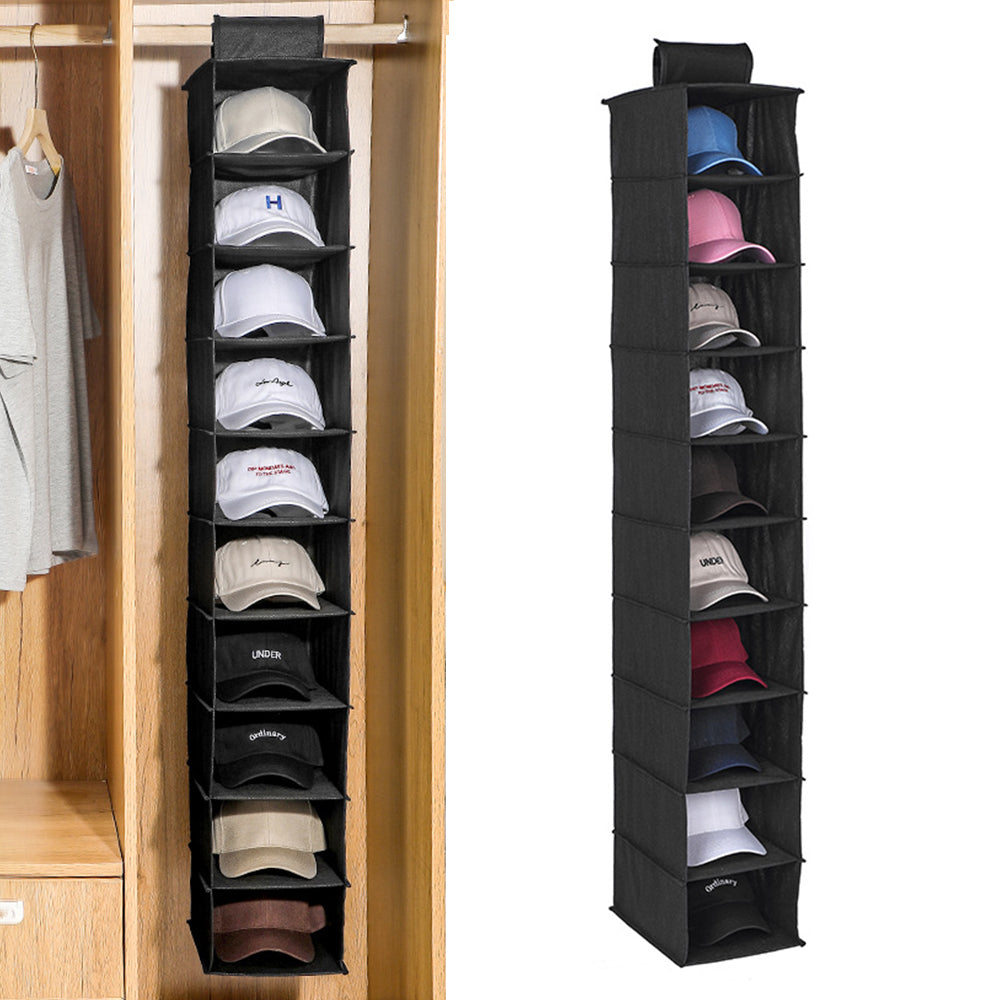 10-Pocket Hanging Hat Rack Closet Cap Organizer for Baseball Shoes Black