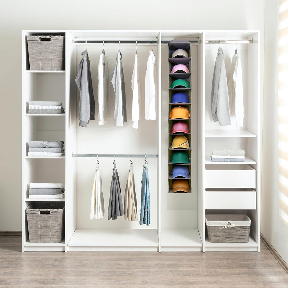 10-Pocket Hanging Hat Rack Closet Cap Organizer for Baseball Shoes Grey