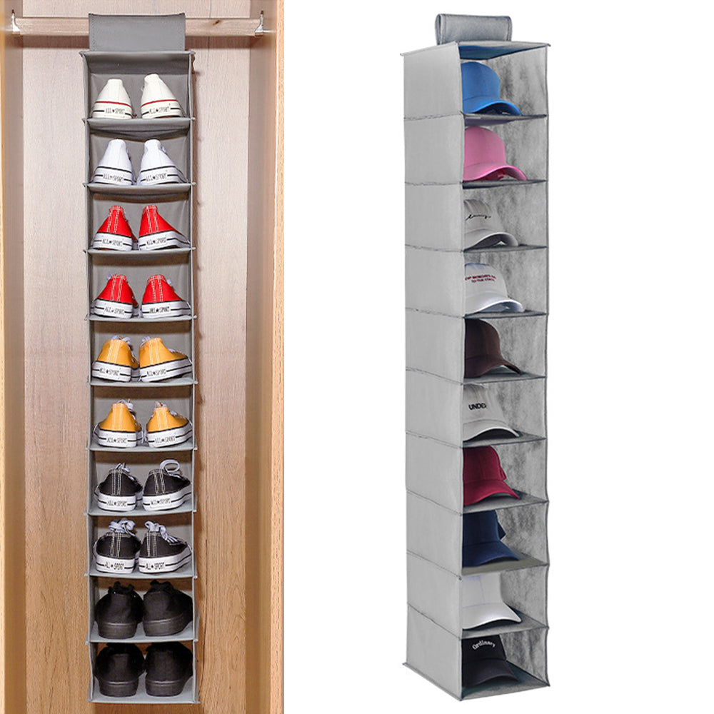 10-Pocket Hanging Hat Rack Closet Cap Organizer for Baseball Shoes Grey