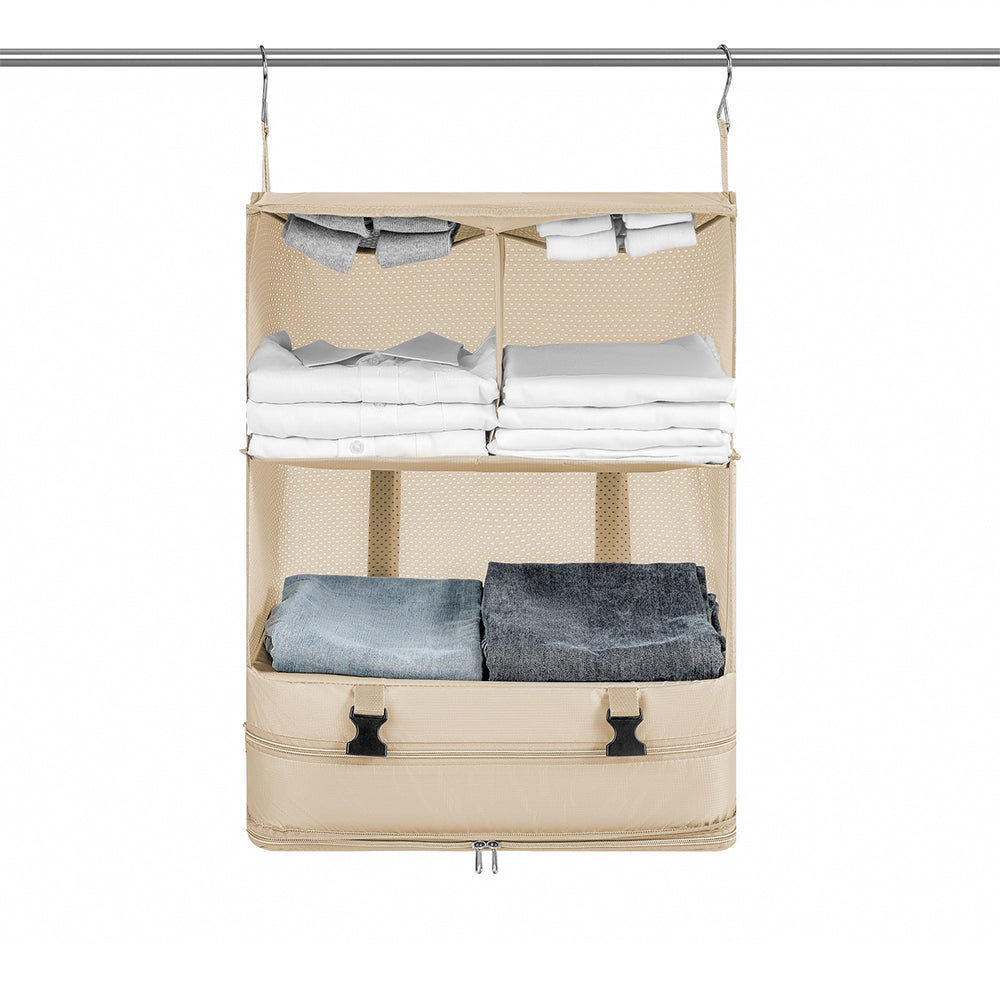 Foldable Storage Shelf Travel Packing Cube Portable Hanging Wardrobe Clothes Organizer Khaki