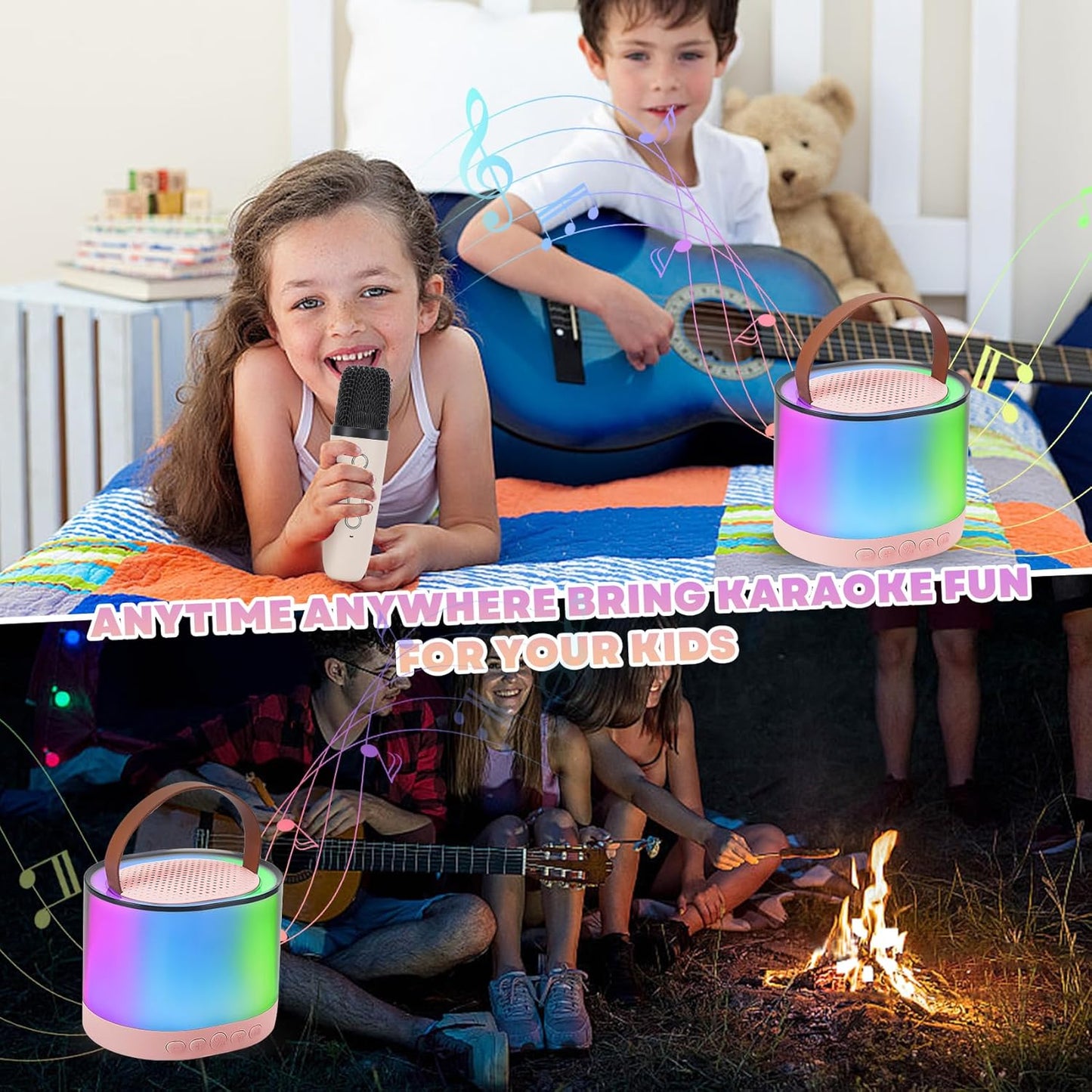 Portable Bluetooth Karaoke Machine with 2 Microphones RGB LED Dynamic Bluetooth Speaker Pink