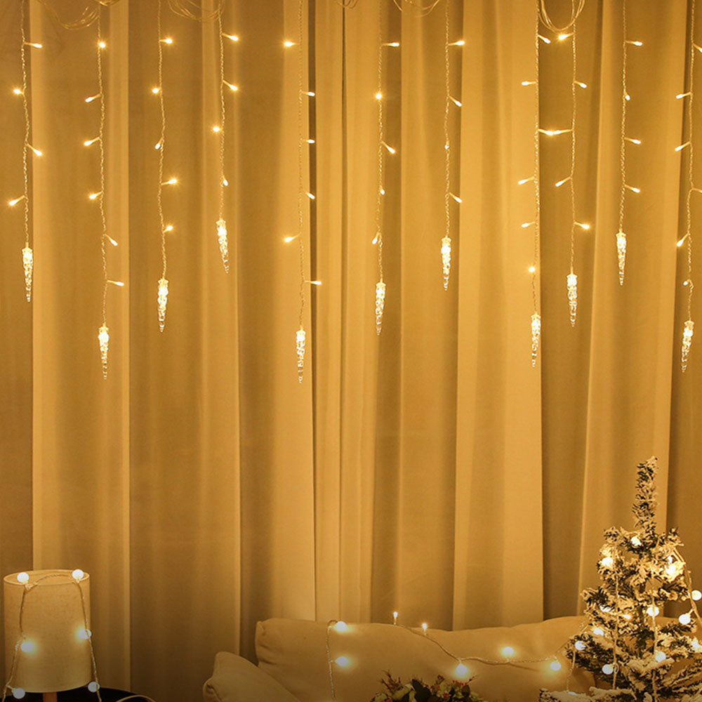4-Meter Solar LED Icicle Light Falling Rain Curtain Fairy String Lights for Outdoor Party Decor Warm White