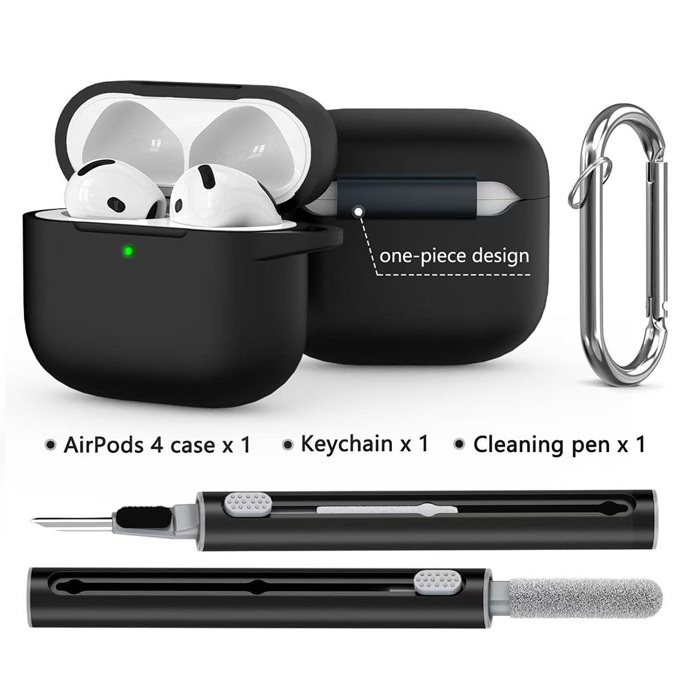 Compatible with Apple Airpods 4 Silicone Full Case Keychain and Cleaner Kit Black