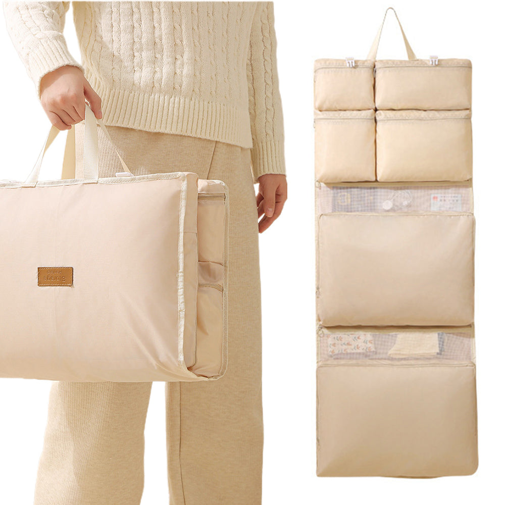 Multi-Compartments Hanging Storage Organizer Foldable Packing Cubes with Handle for Travel Beige