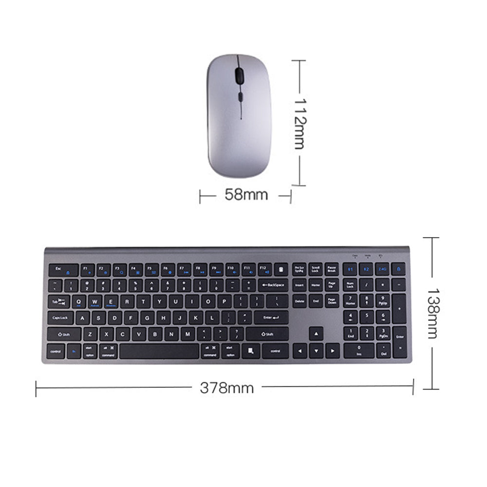 Rechargeable Wireless Keyboard and Mouse Set with 3-Mode Connection Grey Black