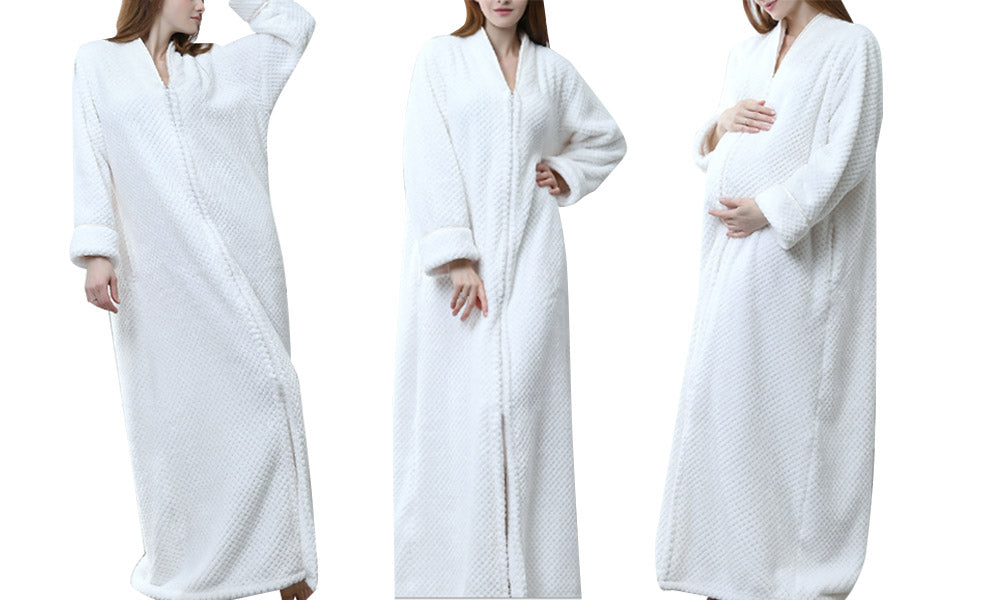 Women Plush Zipper Lounger Robe White