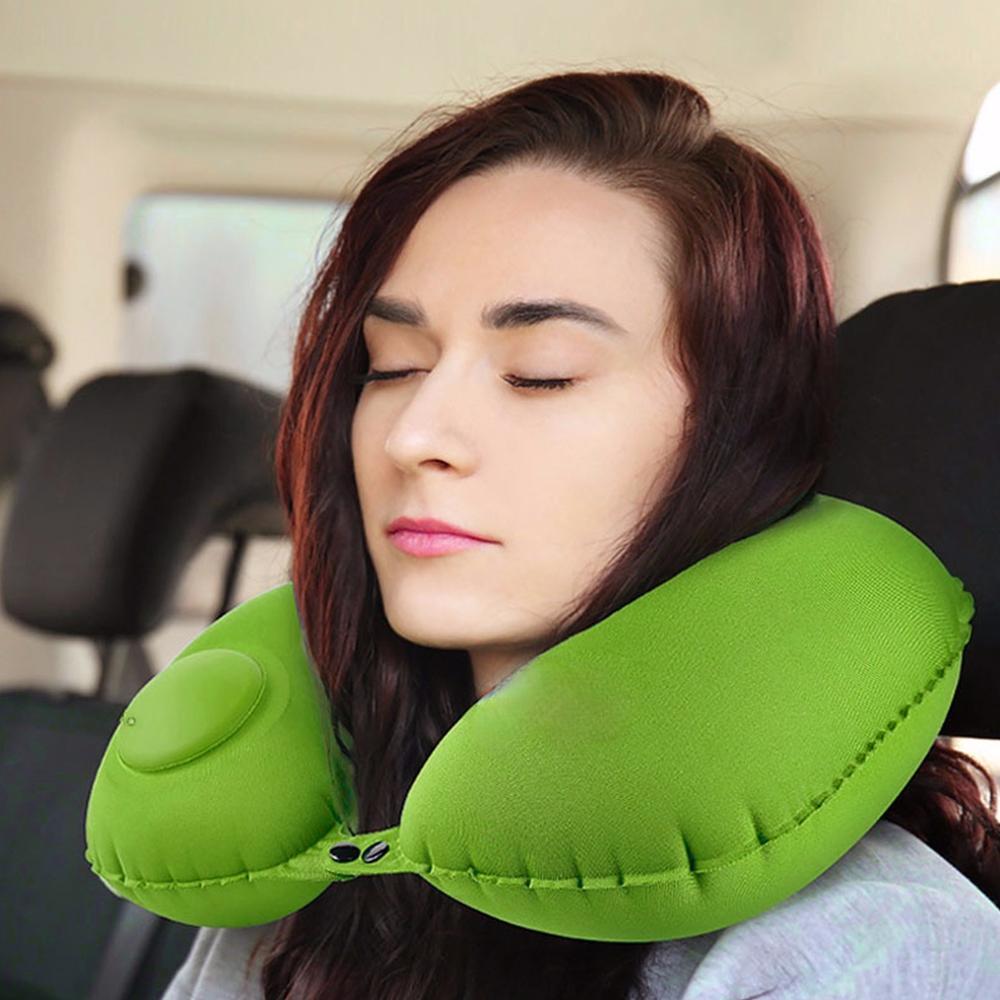 Portable Push-type Inflatable U-Shaped Travel Neck Pillow Car Headrest Cushion - Turquoise
