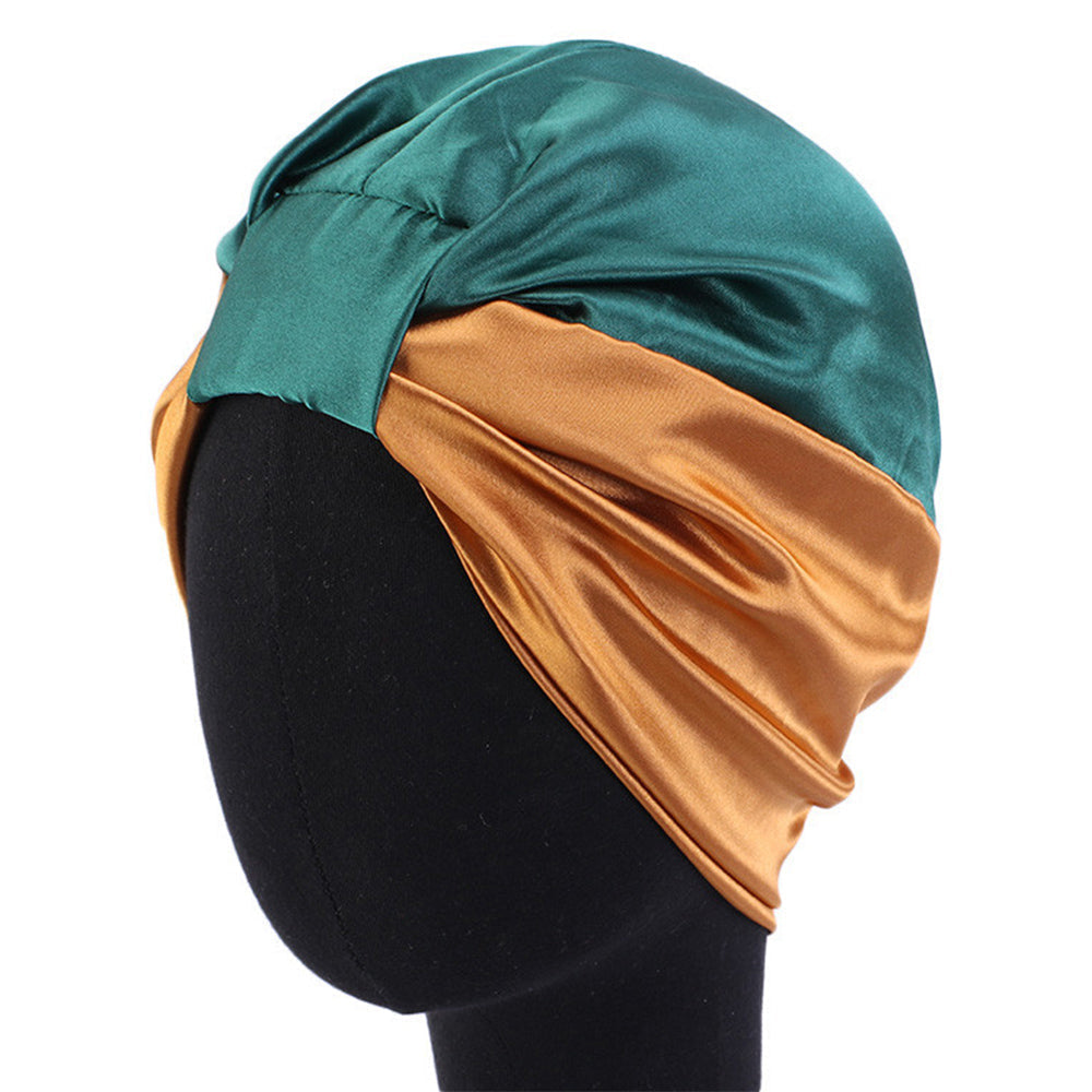 Double-Layered Stain Silk Elastic Turban Green & Khaki