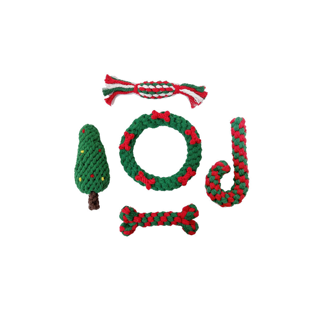 5 Pcs Dog Rope Chew Toys Kit Pet Puppy Cotton Teething Toy Christmas Style