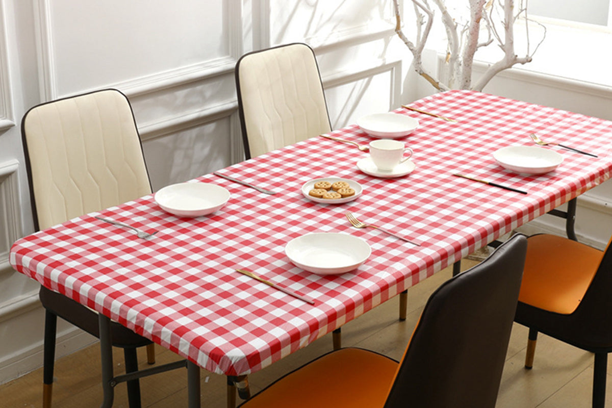 Flannel Backing ElasticTablecloth Rectangular Fitted for Folding Table 3 Set-Red