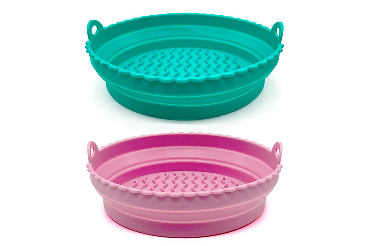 2Pcs Reusable Collapsible Silicone Basket Heat Resistant Easy Cleaning Air Fryer Silicone Liners-Green And Pink