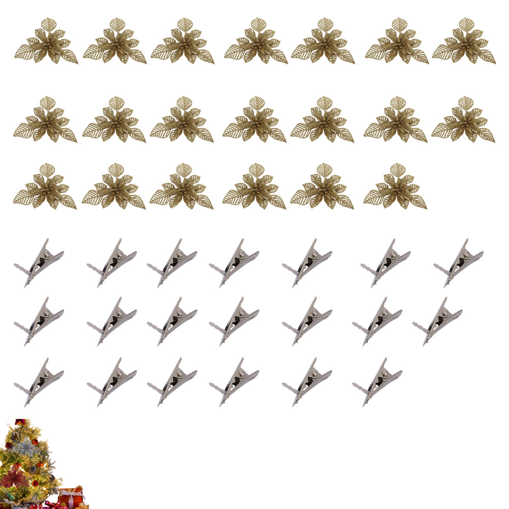 2 Sets 10Pcs Christmas Decorative Flower Artificial Flower Ornaments for Xmas Wreath Christmas Tree Home Party Decor-Gold