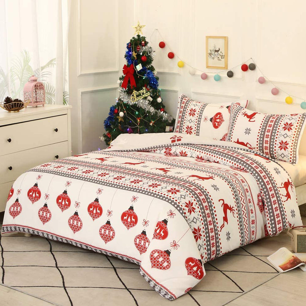 Christmas Bedding Set 3Pcs Duvet Cover Elk Green Christmas Tree Red White Duvet Cover -Elk