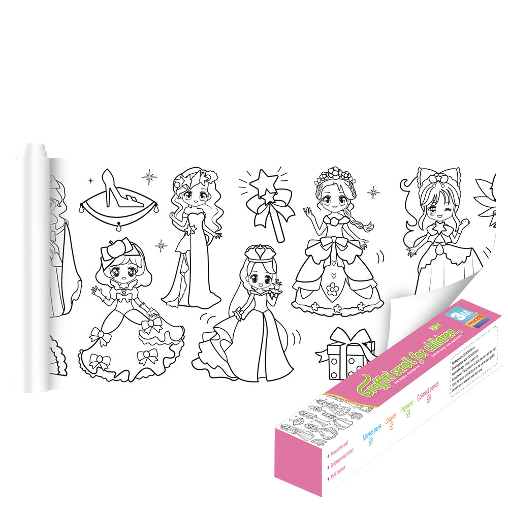 Wall Art Children's Drawing Roll Paper Roll Sticky DIY Painting Paper Drawing Color Filling Paper-Cute Princess