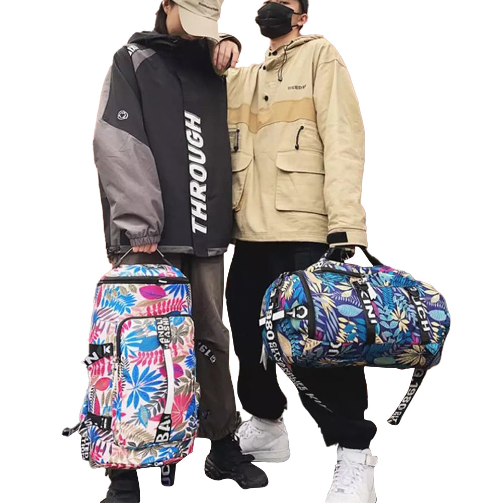 Large Capacity Flower Pattern Travel Duffle Bag Sport Gym Backpack -Blue