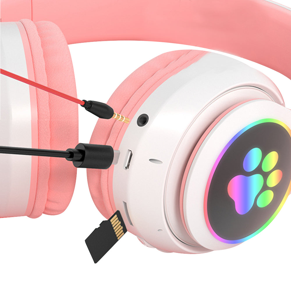 Gaming Headset Wireless Headset 5.0 Bluetooth Wireless Headphones Cute Cat Ears LED Breathing Light Headphones -Pink