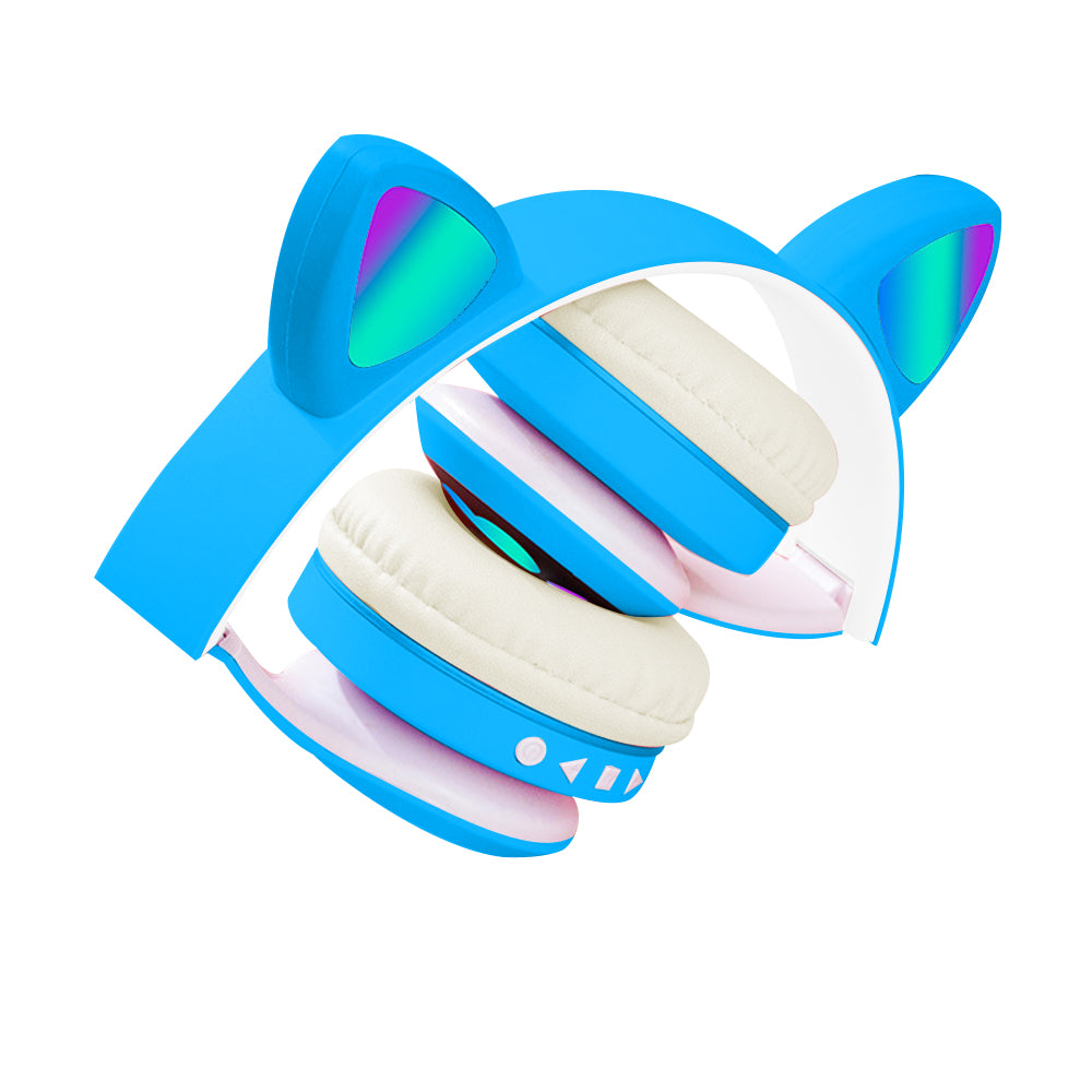Gaming Headset Wireless Headset 5.0 Bluetooth Wireless Headphones Cute Cat Ears LED Breathing Light Headphones -Sky blue