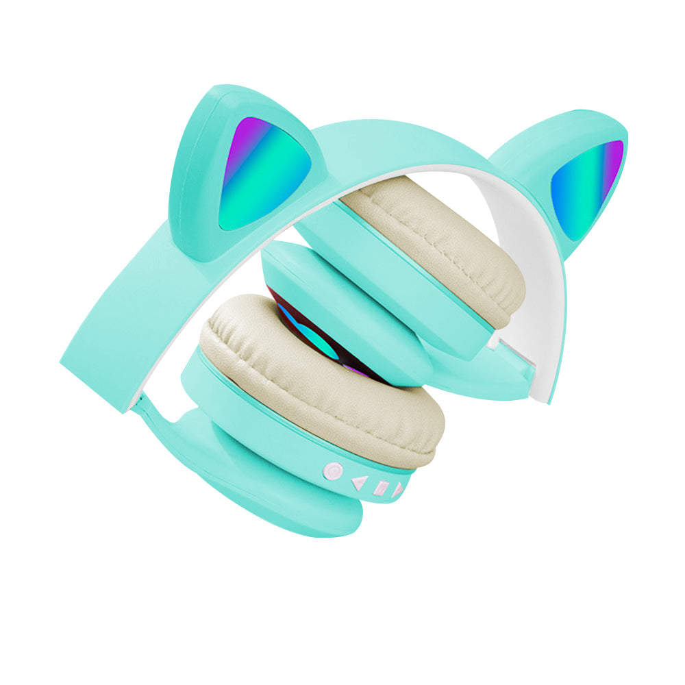 Gaming Headset Wireless Headset 5.0 Bluetooth Wireless Headphones Cute Cat Ears LED Breathing Light Headphones -Green