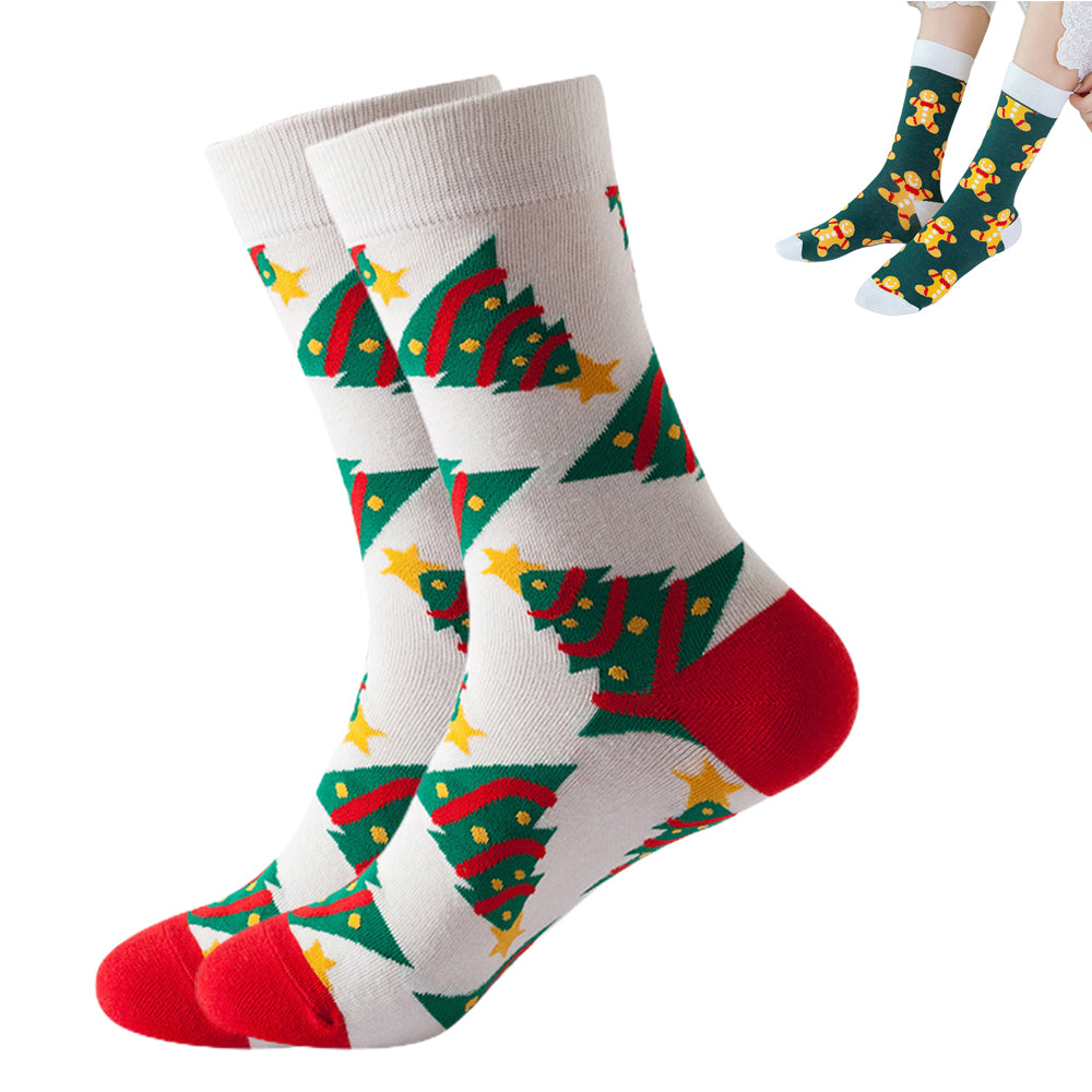 Soft Stretchy Crew Socks Printed Fun Colorful Festive Socks for Christmas Holiday -White