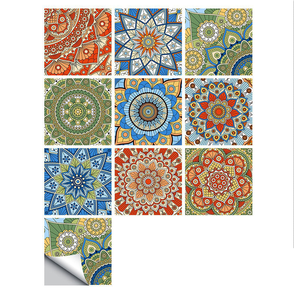 Wall Art 10Pcs Mandala Pattern Tile Wall Stickers Water Resistant Wallpaper Removable Decal for Kitchen Bathroom-