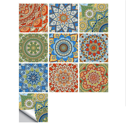 Wall Art 10Pcs Mandala Pattern Tile Wall Stickers Water Resistant Wallpaper Removable Decal for Kitchen Bathroom-