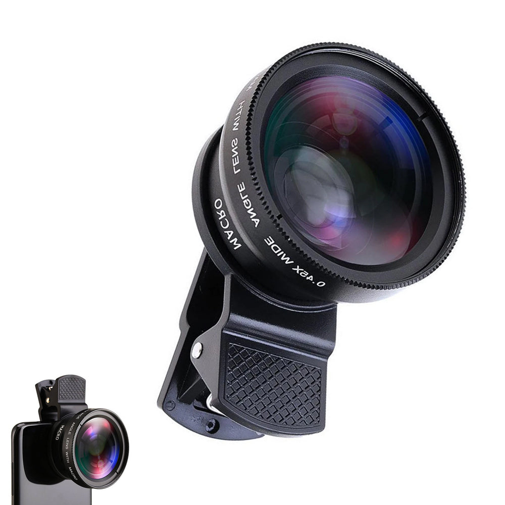 2pcs Cell Phone Camera Lens 2 in1 Portable Wide Angle Macro Cell Phone Camera Lens Kit -Black
