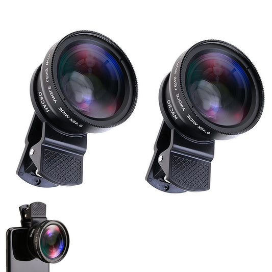 2pcs Cell Phone Camera Lens 2 in1 Portable Wide Angle Macro Cell Phone Camera Lens Kit -Black